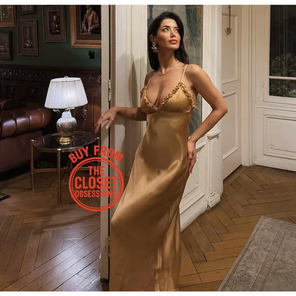 ZARA Satin Effect Slip Midi Dress NWT | Gold Ochre | Adjustable Straps - Picture 7 of 16